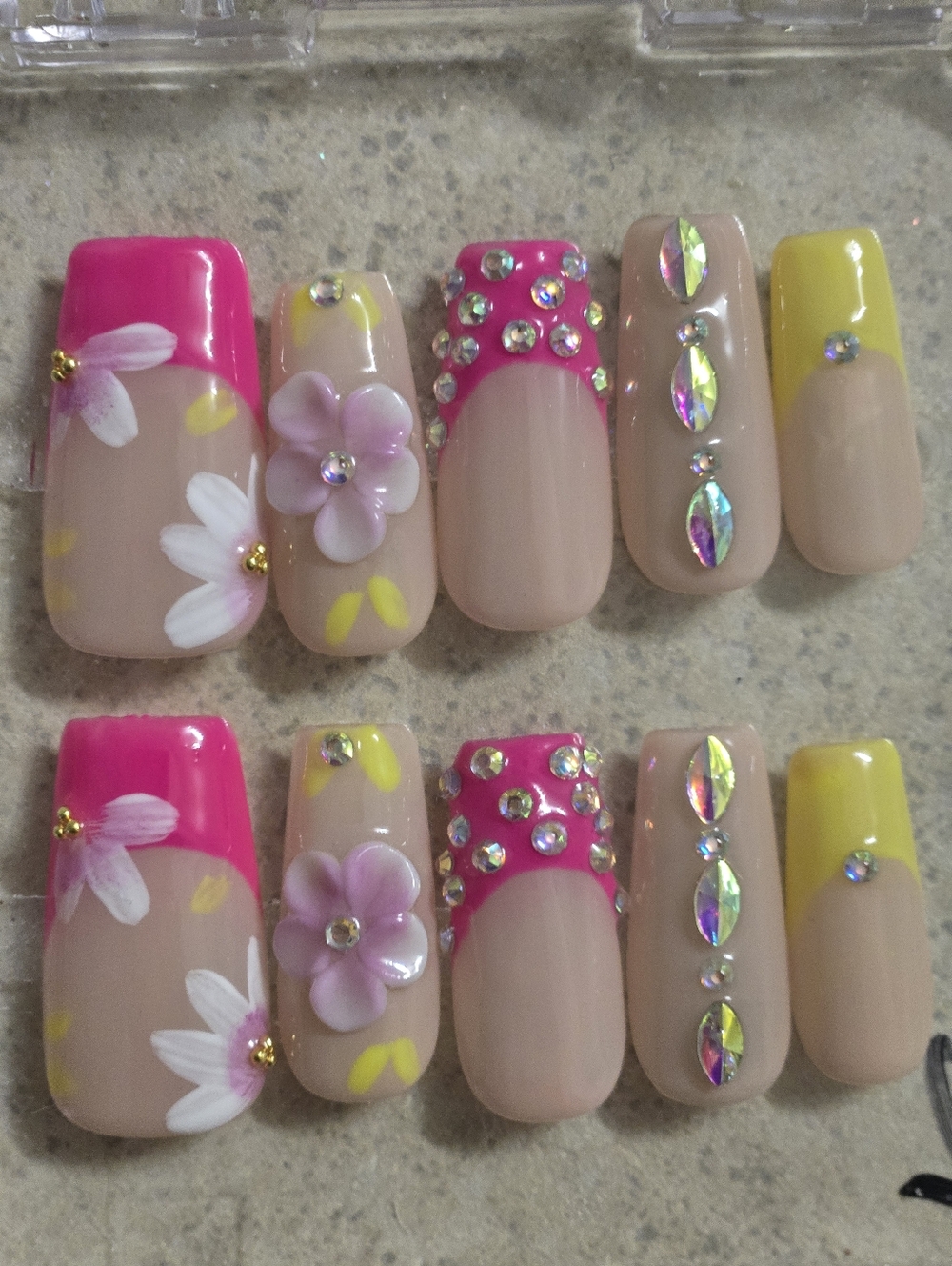 Press On Nail Set w/Pink and Yellow Floral Accents, Medium Length Square Shape